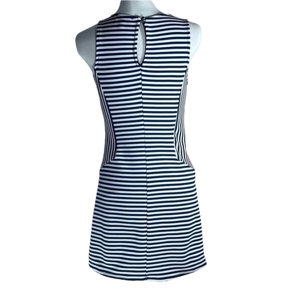 đť…şMONTEAU sheath dress sleeveless navy blue and white horizontal striped size M - Picture 4 of 13